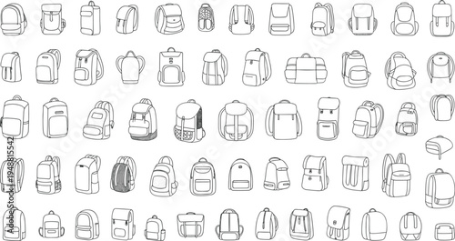 Backpack bag collection technical fashion line icons set travel school backpack vector illustration