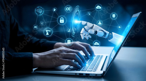 A person types on a laptop computer with a futuristic robotic hand reaching from the screen to interact with a glowing blue digital display of artific