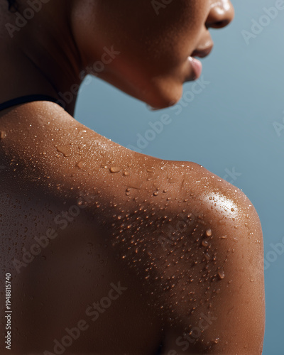 Wallpaper Mural Close-up of a woman's hydrated shoulder with glistening water droplets on smooth, dark skin against a blue background. Torontodigital.ca