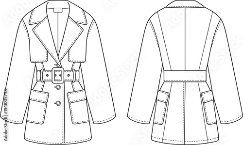 Classic women belted trench jacket template with front and back technical views for fashion garment development, cad drawing flat vector illustration