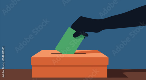 Election Day vector illustration hand casting green vote into ballot box on blue background
