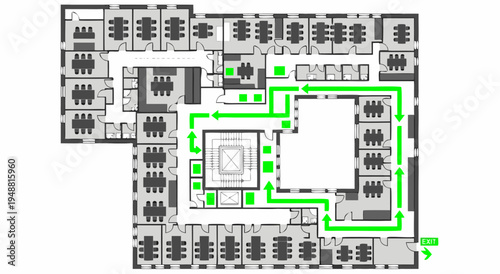 Building Floor Plan Illustration with Vector Arrows Showing Route and Exit in a Schematic Design