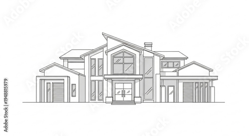 Modern two story house with gable roof and garage architectural drawing