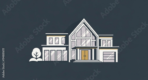Modern suburban house with yellow door and gray exterior illustration of a large residential building with a tree
