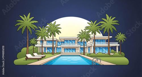 Luxury tropical resort with modern villa pool and palm trees at sunset or sunrise