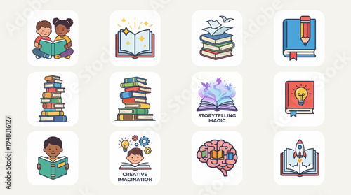 Diverse children reading and education icons in pastel flat design featuring books, learning, brain, and classroom symbols