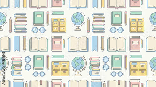 Pastel classroom pattern with books, globes, notebooks and school supplies, a seamless educational background for kids, students and teachers