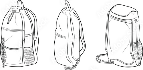 Drawstring backpack bag technical line art with front zipper pocket mesh side pockets and multiple views travel sport backpack vector illustration