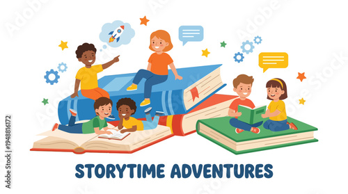 Storytime Adventures: Diverse Kids Reading Books Together in a Colorful Cartoon Illustration