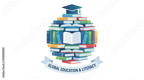 Colorful stack of books arranged into a globe shape with a graduation cap, symbolizing global education and literacy.