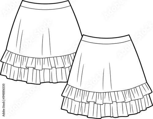 Girls layered ruffle skirt technical fashion flat with pleated frill hem design front and back kids clothing apparel template vector illustration