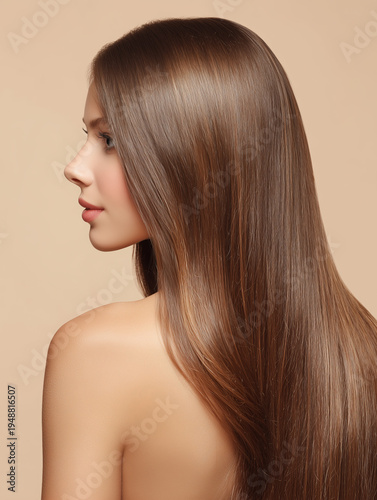 Profile portrait of a woman with long, healthy, shiny brown hair and bare shoulders.