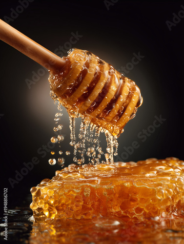 Golden honey drips from a wooden dipper onto a natural honeycomb against a dark background