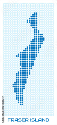 Fraser Island digital style map with blue rounded rectangle dots. Australia. Dotted boundary shape. Fraser Island blue colored map and title on white background. Vibrant Vector Illustration.