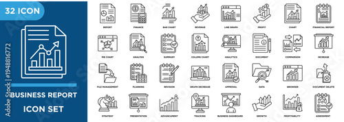 Business report outline icon set featuring financial analysis, charts, revenue, profit, analytics, dashboard, and data reporting elements.