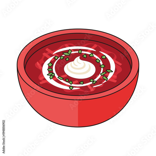 A vibrant red bowl of borscht soup, garnished with sour cream and herbs.