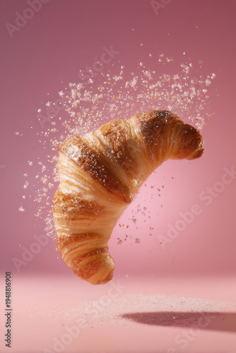 Golden croissant suspended in motion with sparkling sugar against a solid pink studio background.