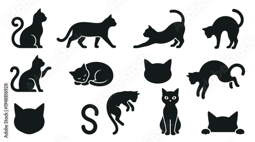Collection of black cat silhouettes in various poses, including sitting, stretching, sleeping, and playing, suitable for graphic design and illustration.