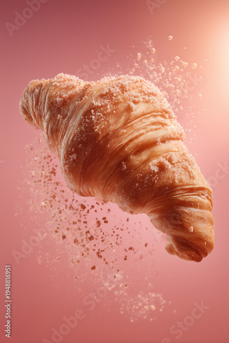 Croissant with sugar sprinkles suspended mid-air against a pink background