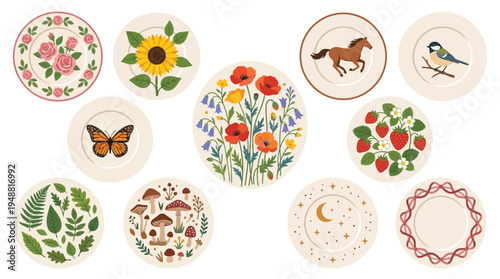 A collection of decorative plates featuring various nature-inspired designs including flowers, animals, and celestial motifs.
