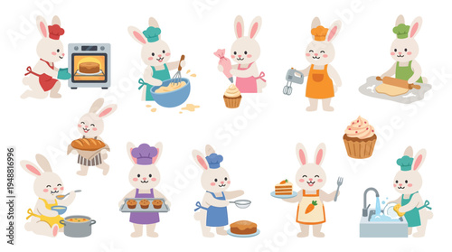 A charming collection of cartoon rabbits dressed as chefs, engaged in various baking and cooking activities, from kneading dough to decorating cupcakes.