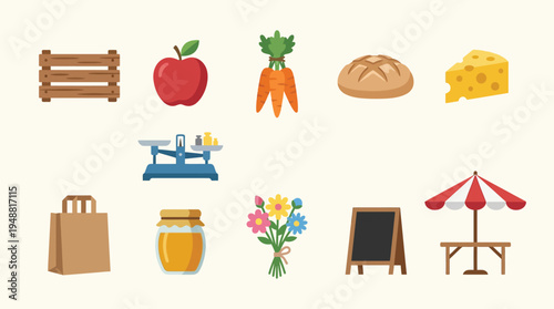 A vibrant collection of farm-fresh goods and market essentials, including produce, baked goods, and artisanal items, presented in a clean, illustrative style.