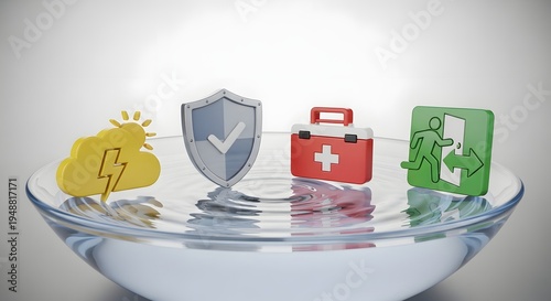 Strategic safety and emergency preparedness concept illustrated with modern 3D icons covering weather alerts, robust protection, vital first aid, and critical exit strategies on water