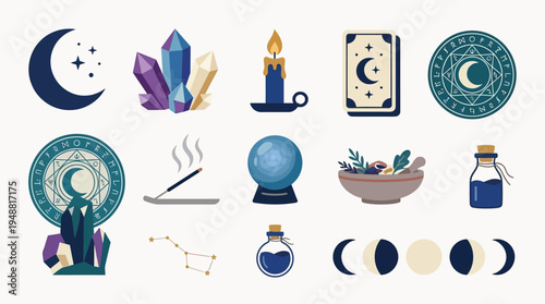 A collection of mystical and magical symbols including a crescent moon, crystals, a candle, a spellbook, and a crystal ball.