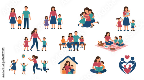 A collection of diverse family illustrations depicting various activities and relationships, showcasing parental care and childhood joy.