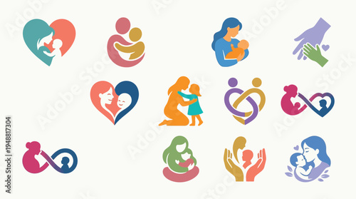 Collection of stylized logos depicting mothers holding their children, symbolizing love, care, and family bonds.
