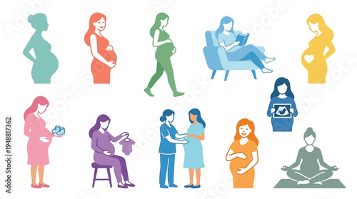 Collection of diverse illustrations depicting pregnant women in various stages and activities, including medical check-ups, relaxation, and preparation for childbirth.
