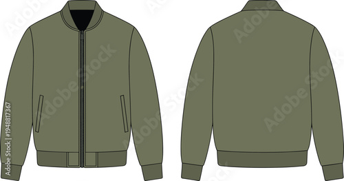 Men bomber jacket template, casual zip front flight jacket front and back fashion mockup – cad drawing flat vector illustration