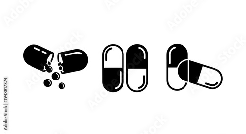 Black and white illustration of various capsules and pills