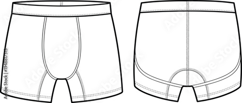 Men boxer briefs underwear template, male underpants technical drawing front and back apparel mockup – cad drawing flat vector illustration