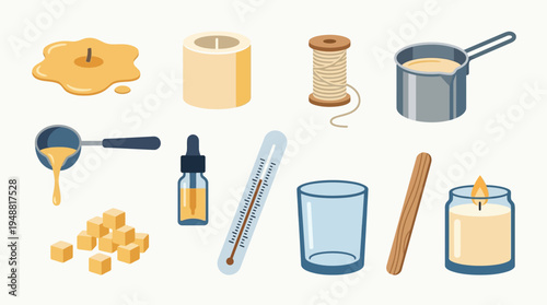 A collection of illustrations depicting various tools and materials used in the craft of candle making, including wax, wicks, and thermometers.