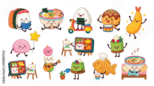 A delightful collection of kawaii Japanese food characters engaging in various activities, showcasing a vibrant and playful culinary world.