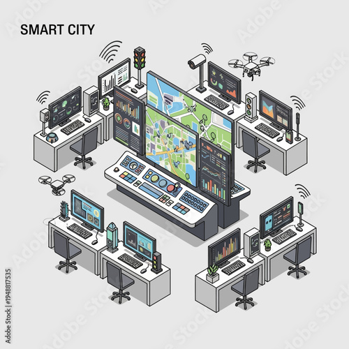 Isometric illustration of a smart city control center with monitoring screens and drones.