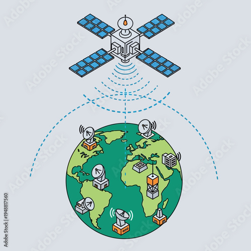 Satellite transmitting signals to ground stations across the globe for communication.