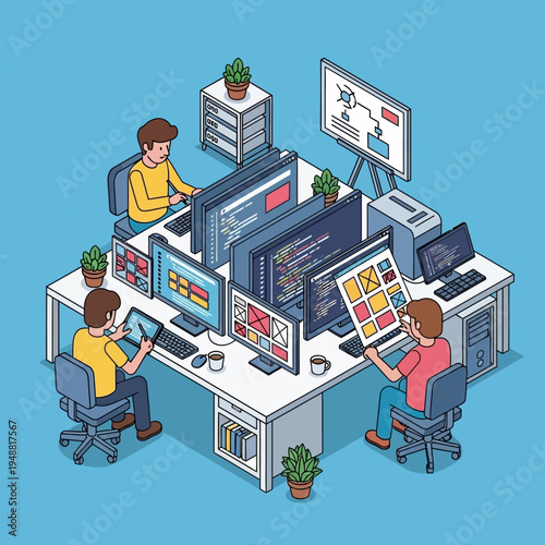 Isometric illustration of a team of developers working on a project in an office setting.