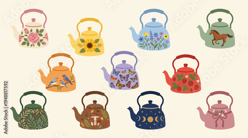 A charming collection of twelve decorative teapots, each adorned with unique whimsical illustrations and patterns.