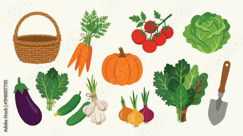 A vibrant collection of fresh, healthy vegetables and a garden trowel, arranged artfully on a light background.