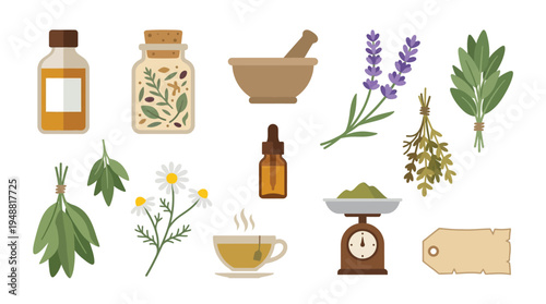 A collection of illustrations depicting various elements of herbalism, including bottles, jars, a mortar and pestle, dried herbs, fresh herbs, a teacup, and a scale.