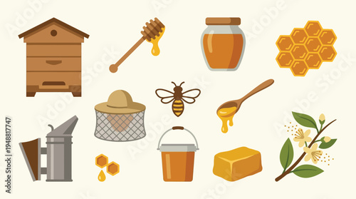 A collection of beekeeping equipment and honey-related items, including a beehive, honey dipper, jar, honeycomb, bee suit, and a flowering branch.