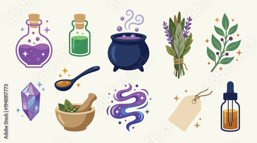 A collection of magical and mystical items including potions, crystals, herbs, and a cauldron, perfect for fantasy or witchcraft themes.