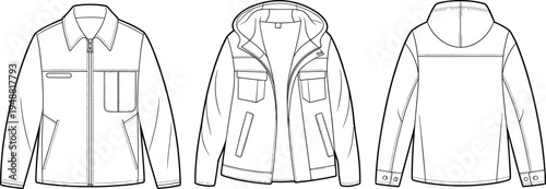 Men hooded jacket technical fashion drawing, casual zip front coat template front and back – cad drawing flat vector illustration