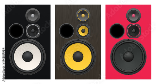 Set of stylish wooden speakers isolated on white background, concept of home audio and music equipment