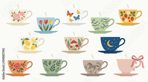 A charming collection of ten decorative teacups and saucers, each featuring unique whimsical designs like flowers, butterflies, birds, and celestial motifs.