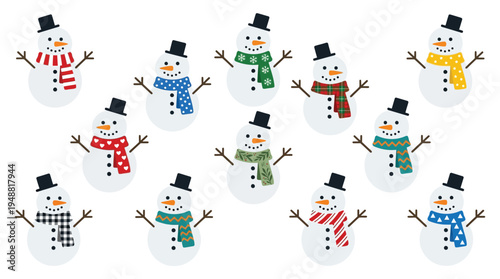 A charming collection of twelve cheerful snowmen, each adorned with a unique, colorful scarf and a classic black top hat, standing against a white background.