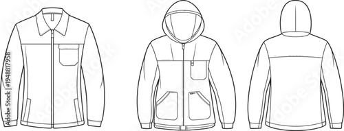 Men jacket technical fashion drawing set, zip front hoodie and casual coat template front and back – cad drawing flat vector illustration