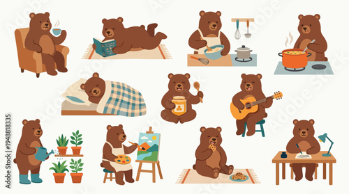 A charming collection of illustrations depicting various activities of cute brown bears, including reading, cooking, sleeping, playing music, painting, and gardening.